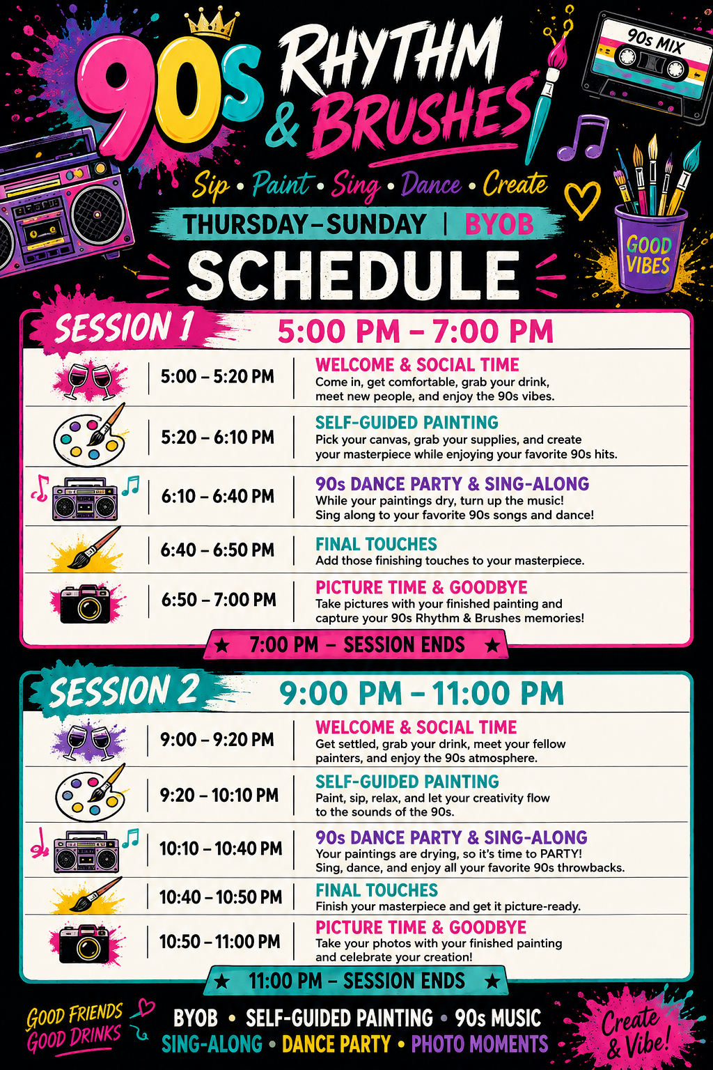 90s Rhythm & Brushes schedule for Thursday through Sunday, including self-guided painting, dancing, sing-along, and photo moments